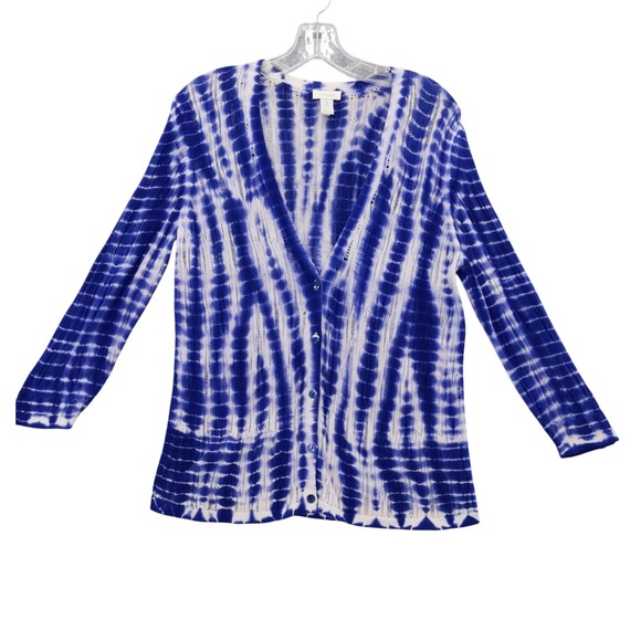 Chico's Sweaters - Chico's Tie Dye Cardigan Open Knit Button Front‎ Lightweight Blue White 1 M